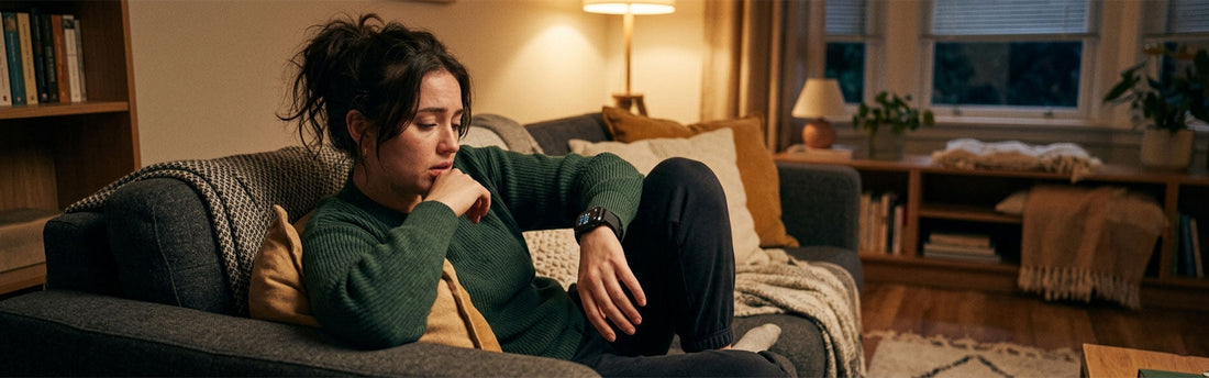  Person checking low step count on smartwatch at 9 PM looking disappointed