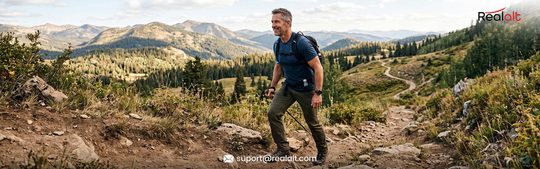 Person walking uphill showing leg strength and muscle definition from consistent walking