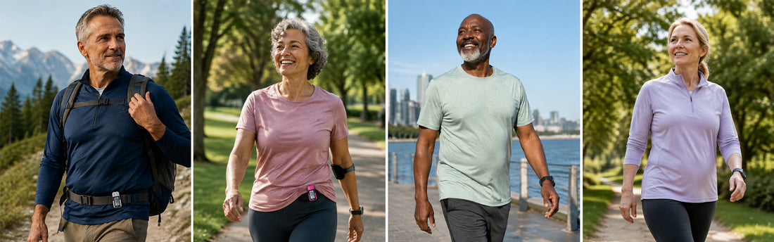 Diverse group of people 45+ walking with pedometers showing real success