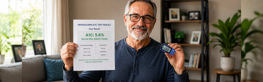 Person checking A1C test result showing normal blood sugar from consistent walking