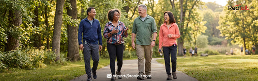 Walking group comparing pedometer step counts showing friendly competition and shared progress
