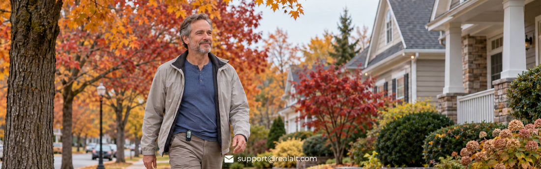  Adult walking on an autumn neighbourhood path with 3DTriSport pedometer to maintain daily steps
