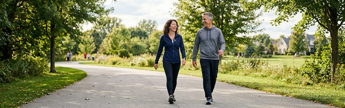Senior couple walking together outdoors for health & fitness