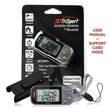 3DTriSport Pedometer for Walking with Clip and Lanyard