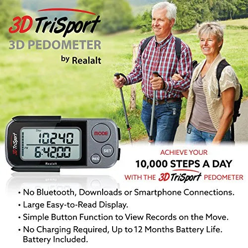 3DTriSport Pedometer for Walking with Clip and Lanyard