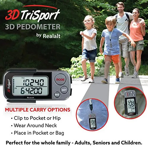 3DTriSport Pedometer for Walking with Clip and Lanyard