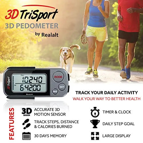 3DTriSport Pedometer for Walking with Clip and Lanyard
