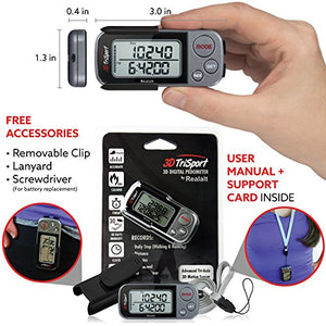 3DTriSport Walking 3D Pedometer with Clip and Lanyard